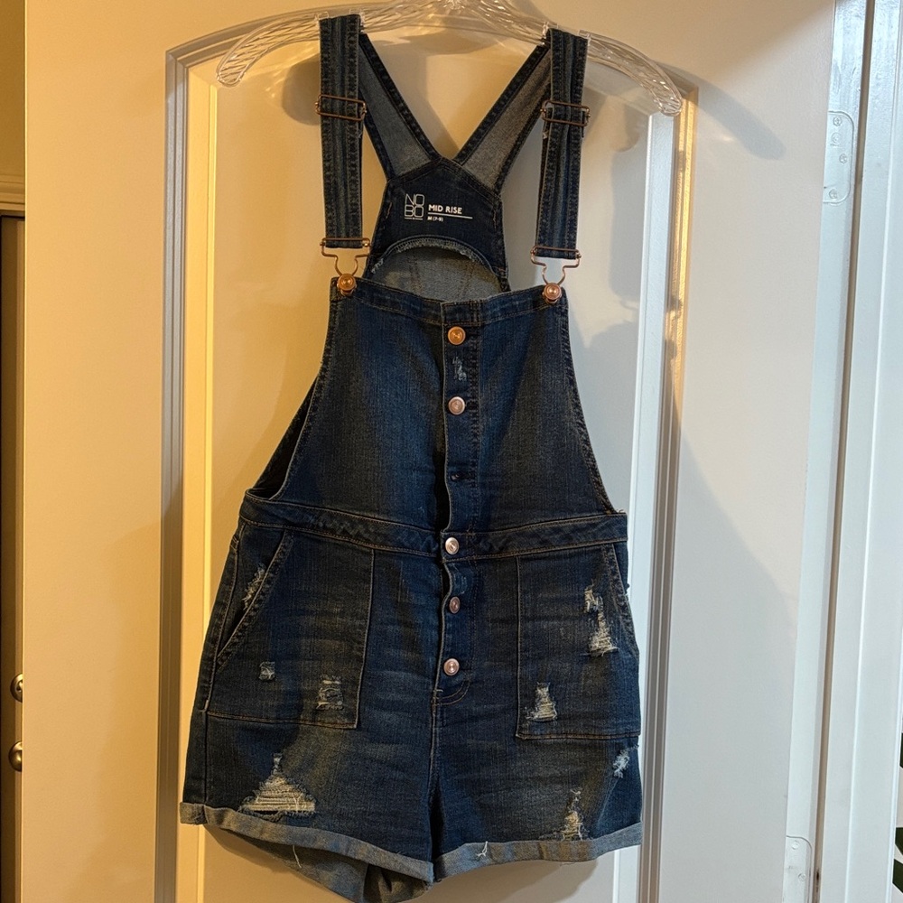 No Boundaries Blue Denim Distressed Overalls